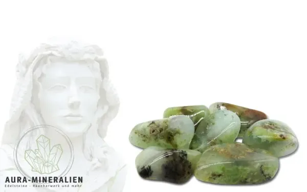 Apfelgrüne, glatt polierte Chrysopras Trommelsteine in gleichmäßiger Form.