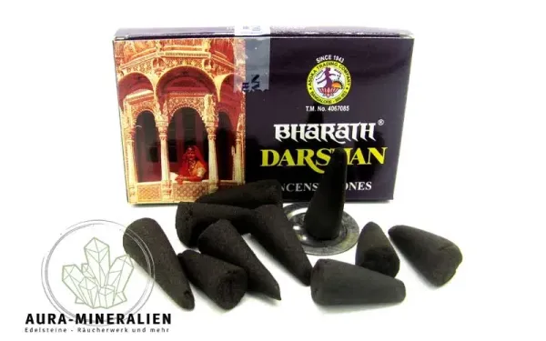 Darshan Räucherkegel Packung mit 10 Stück und Metalluntersetzer