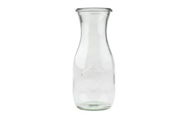 Klarglasflasche mit weitem Rand und praktischem Verschluss für Edelsteinwasser.