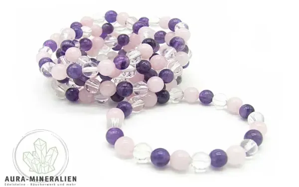 Edelstein-Armband Goldenes Dreieck mit Amethyst, Rosenquarz und Bergkristall