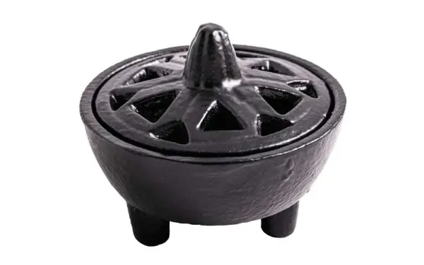 Schwarzes Gusseisen Räuchergefäß Idhril mit Ornament Deckel 10,5 cm
