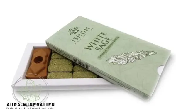 Handgefertigte ISHOM Salbei Räuchersteine mit Terrakotta-Halter
