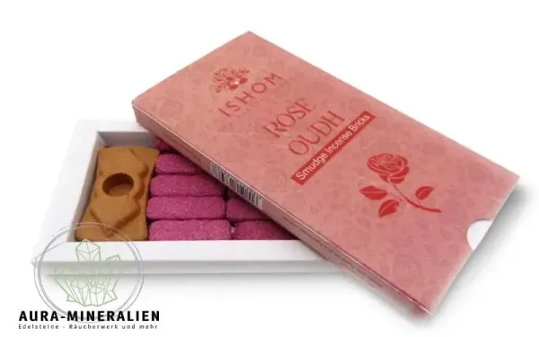 Handgefertigte ISHOM Rose-Oudh Räuchersteine mit Terrakotta-Halter