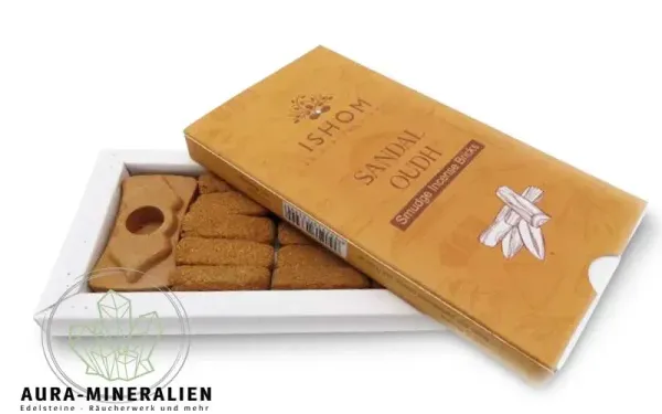 Handgefertigte ISHOM Sandelholz-Oudh Räuchersteine mitTerrakotta-Halter