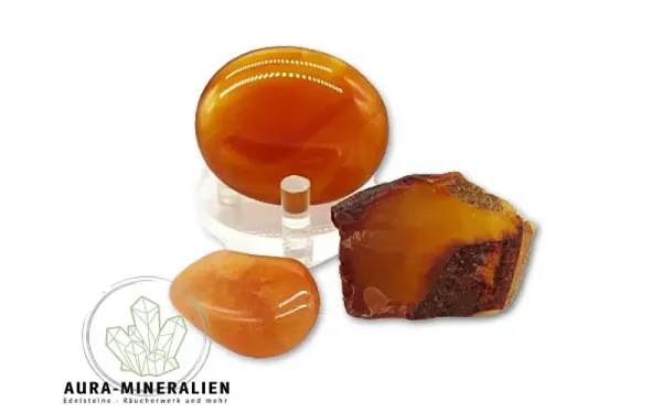 Karneol Edelstein-Set 3-teilig: Rohstein, Scheibenstein und Trommelstein