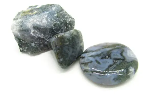 Moosachat Edelstein Set mit Scheibenstein und Rohstein