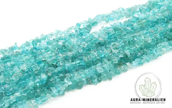Intensiv blau leuchtender Neon Apatit Splitter Kettenstrang 90 cm aus Madagaskar – Aura Mineralien