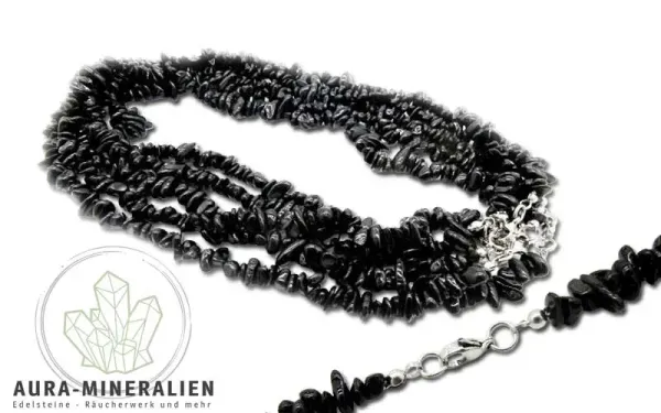 Hochglanzpolierte schwarze Obsidian Splitterkette 45 cm mit silberfarbenem Verschluss – Aura Mineralien