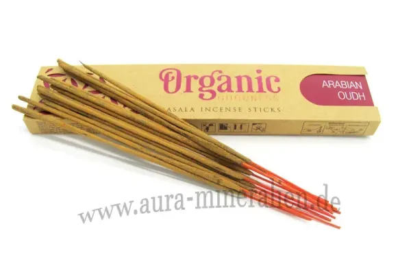 Handgefertigte Organic Masala Räucherstäbchen in der Duftrichtung Arabisch Oudh von Aura Mineralien.