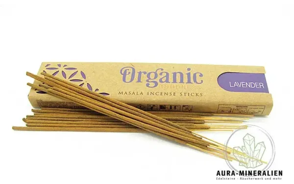 Handgefertigte Organic Masala Lavendel Räucherstäbchen in recycelter Verpackung von Aura Mineralien