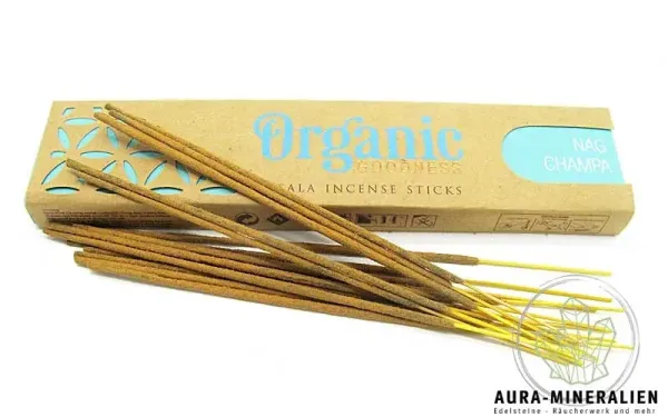Nag Champa Organic Masala Räucherstäbchen in Naturkarton-Verpackung von Aura Mineralien.