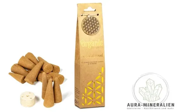 Natürliche Sandelholz Jumbo Räucherkegel in ökologischer Verpackung mit Keramik-Halter