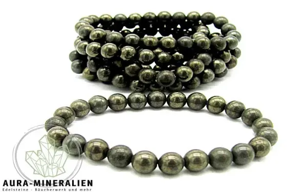 Goldglänzendes Pyrit Kugelarmband mit 8mm großen Perlen auf Gummizug