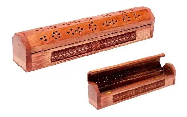 Gravierte Räucherbox aus dunklem Akazienholz Motiv Blume des Lebens 31cm