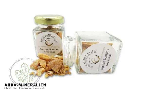 Glasflasche mit Benzoe Sumatra Räucherharz und goldenem Deckel – Aura Mineralien