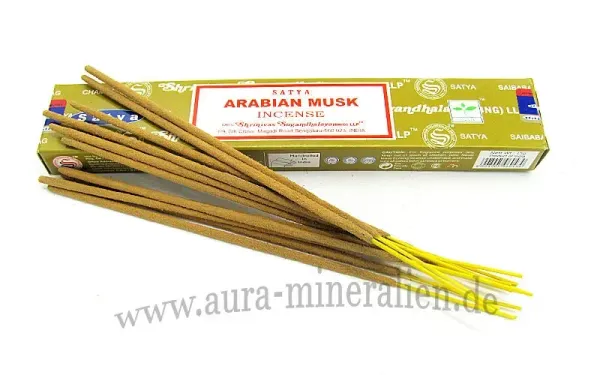 Packung Satya Sai Baba Arabian Musk Räucherstäbchen in edlem Design.