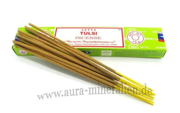 Grün-gelbe Packung Satya Sai Baba Tulsi (Holy Basil) Räucherstäbchen.
