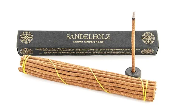 Tibetische Räucherstäbchen Sandelholz ohne Bambusstab mit Keramikhalter.