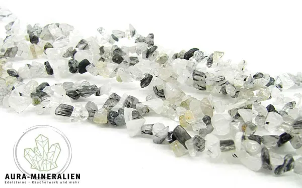 Transparente Turmalinquarz Splitterkette 80 cm mit schwarzen Turmalinnadeln aus Brasilien – Aura Mineralien