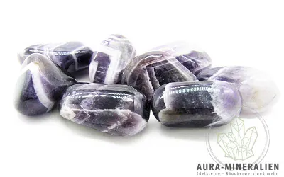 Chevron Amethyst Trommelstein aus Südafrika mit typischem lila-weißen Fischgrätenmuster