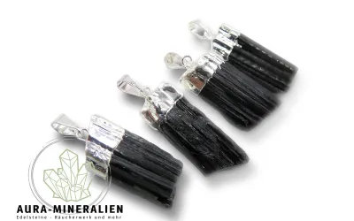 Roher Schwarzer Turmalin Kristallanhänger mit silberner Fassung – Aura Mineralien