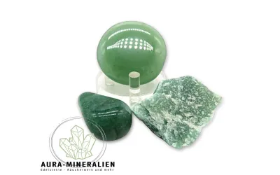 Aventurin grün Set von Aura Mineralien mit Rohstein, Trommelstein und Scheibenstein für Harmonie und Entspannung.