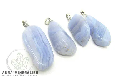 Hellblau gebänderter Chalcedon Blue Lace Trommelstein Anhänger mit silberner Stiftöse – Aura Mineralien