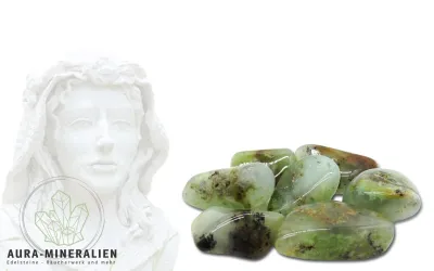 Apfelgrüne, glatt polierte Chrysopras Trommelsteine in gleichmäßiger Form.