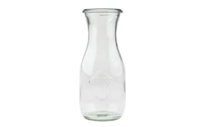 Klarglasflasche mit weitem Rand und praktischem Verschluss für Edelsteinwasser.