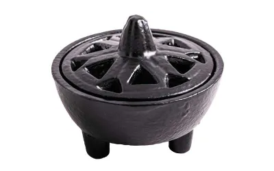 Schwarzes Gusseisen Räuchergefäß Idhril mit Ornament Deckel 10,5 cm