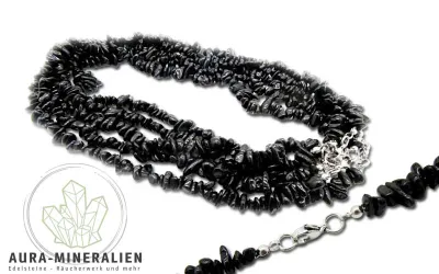 Hochglanzpolierte schwarze Obsidian Splitterkette 45 cm mit silberfarbenem Verschluss – Aura Mineralien