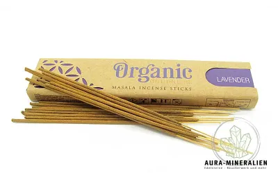 Handgefertigte Organic Masala Lavendel Räucherstäbchen in recycelter Verpackung von Aura Mineralien
