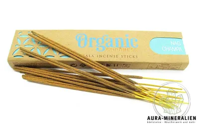 Nag Champa Organic Masala Räucherstäbchen in Naturkarton-Verpackung von Aura Mineralien.