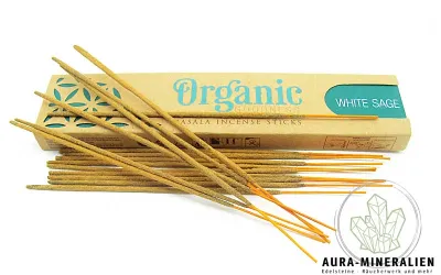 Handgefertigte Organic Masala Räucherstäbchen Weißer Salbei in Öko-Verpackung von Aura Mineralien.