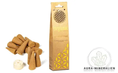 Natürliche Sandelholz Jumbo Räucherkegel in ökologischer Verpackung mit Keramik-Halter