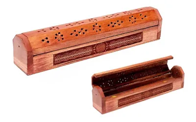 Gravierte Räucherbox aus dunklem Akazienholz Motiv Blume des Lebens 31cm