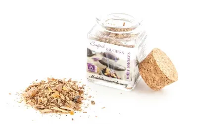 Räuchermischung Meditation im Glas mit Korkverschluss und Sandelholz