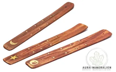 Räucherstäbchenhalter aus Holz mit Symbol aus Metall. Räucherstäbchenhalter aus Holz mit eingearbeitetem Metall-Symbol