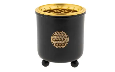 Schwarzes Metall-Räuchergefäß mit goldenem Netz und Blume des Lebens Symbol