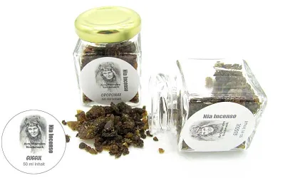 Hochwertiges Guggul Räucherharz von Aura Mineralien in der 50ml Glasflasche mit Twist-Off-Verschluss.