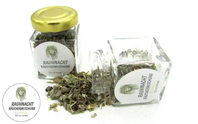 50ml Glasflasche mit der „Neunerlei“ Räuchermischung, gefüllt mit Kräutern und Harzen