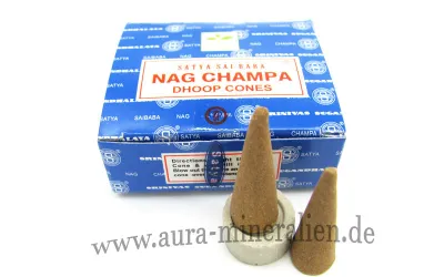 Satya Nag Champa Räucherkegel 12er Packung mit Tonuntersetzer auf Holzuntergrund